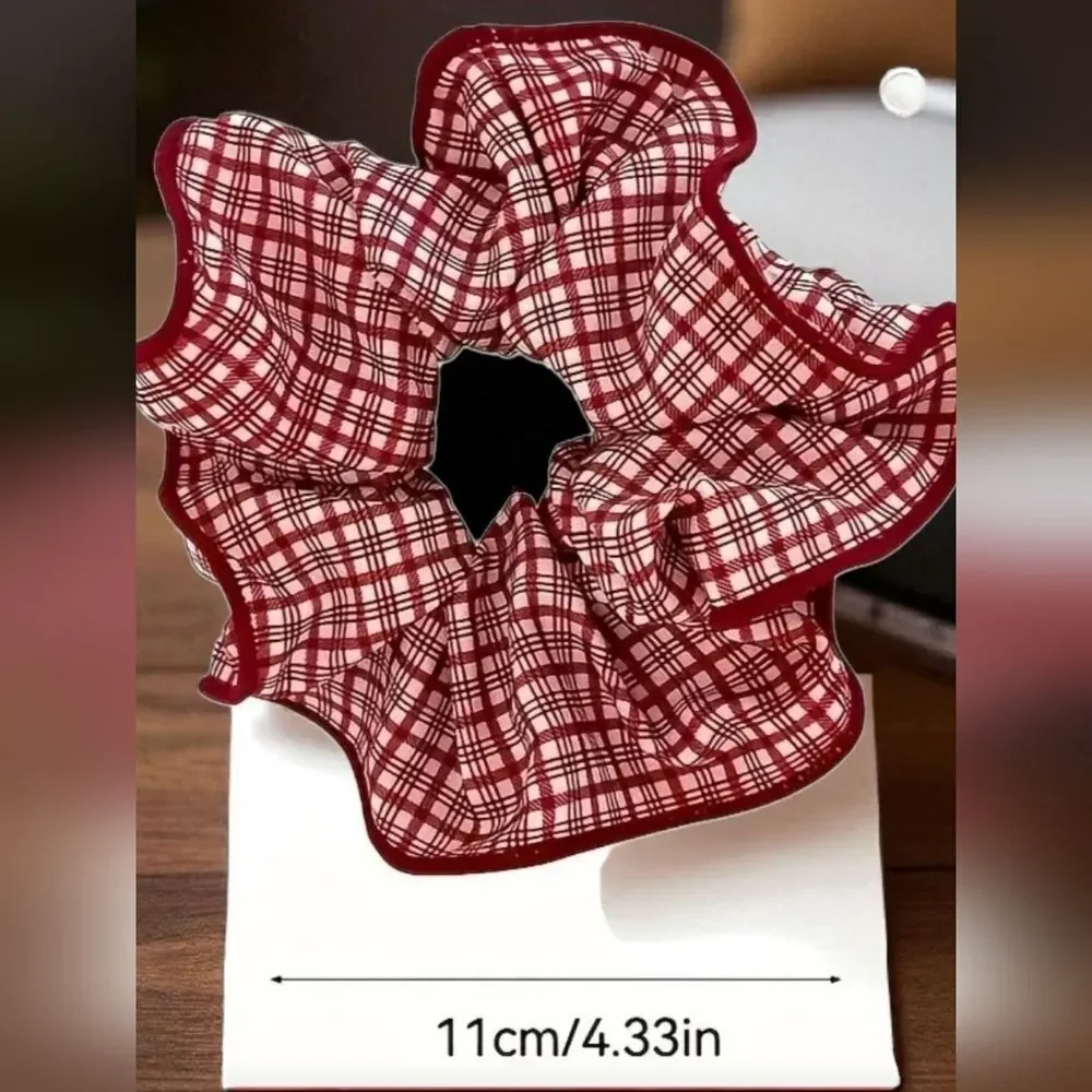 Red Polka Dot Plaid Bow 3pc. Scrunchie Set New